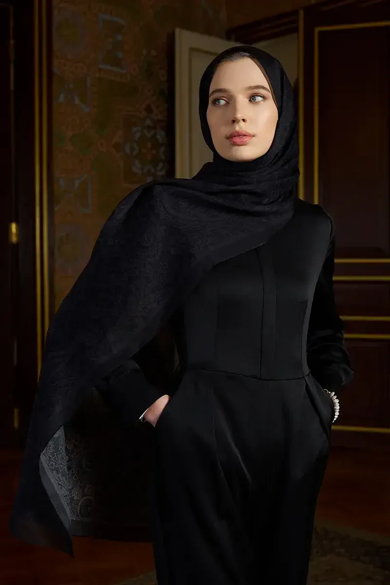 Pamuk İpek Floş Fiare Şal - Siyah - ED SCARF