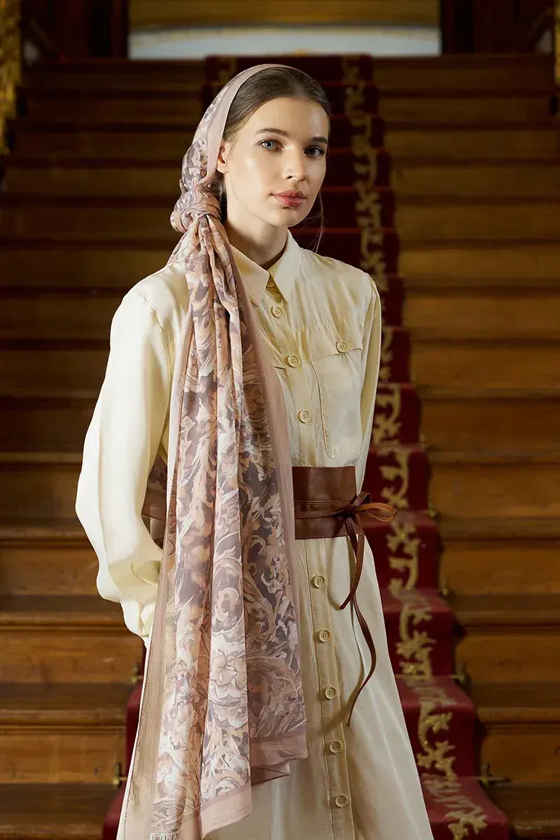Pamuk İpek Floş Grace Şal - Bej - ED SCARF