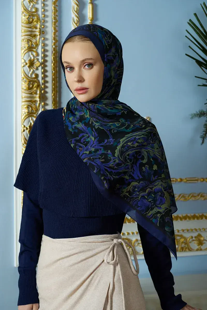 Pamuk İpek Floş Grace Şal - Gece Mavisi - ED SCARF