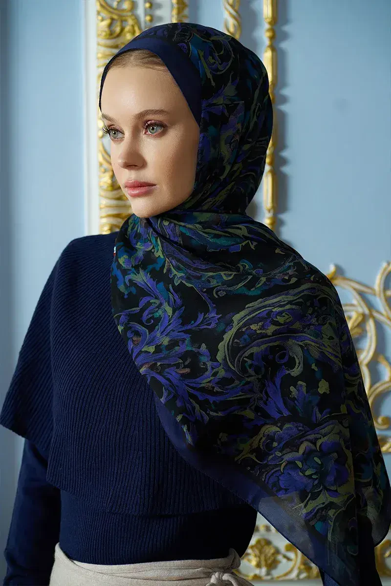 Pamuk İpek Floş Grace Şal - Gece Mavisi - ED SCARF