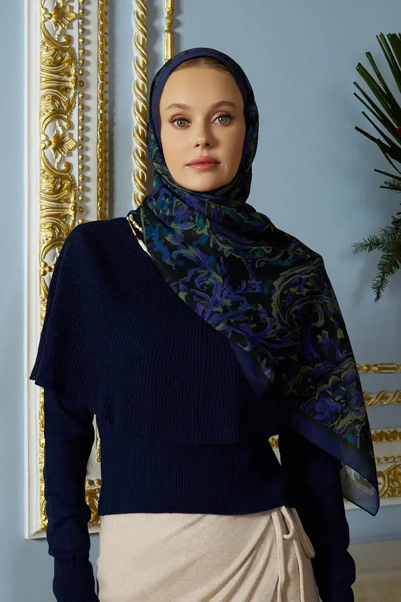 Pamuk İpek Floş Grace Şal - Gece Mavisi - ED SCARF