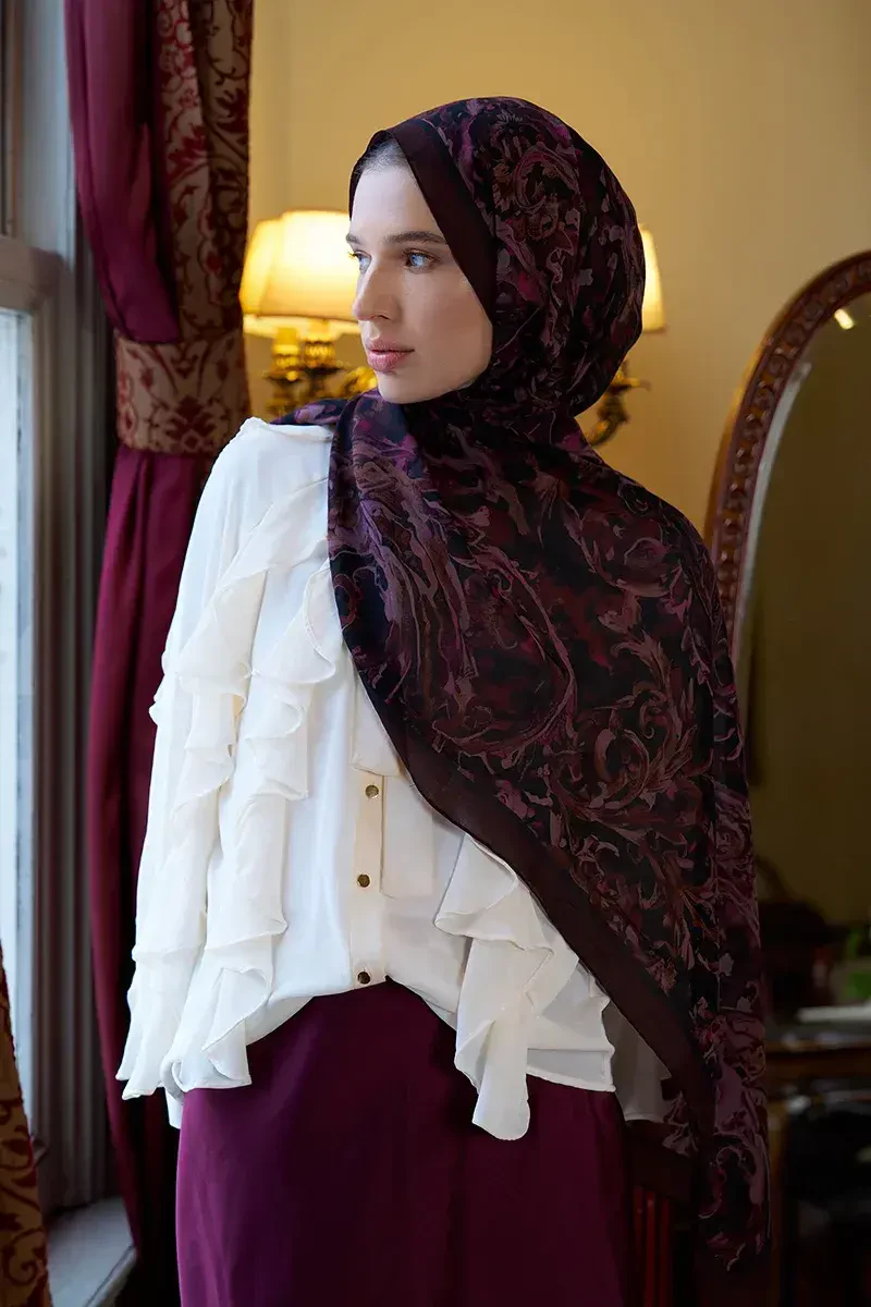 Pamuk İpek Floş Grace Şal - Mürdüm - 1