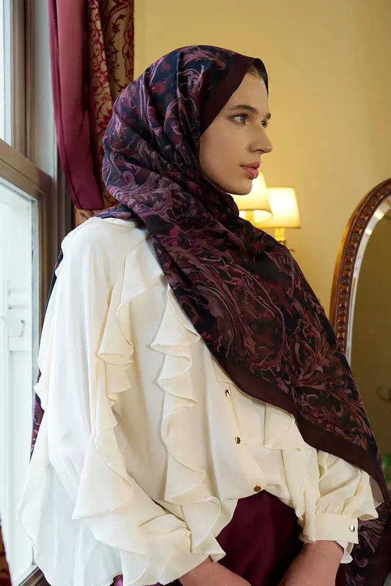 Pamuk İpek Floş Grace Şal - Mürdüm - ED SCARF