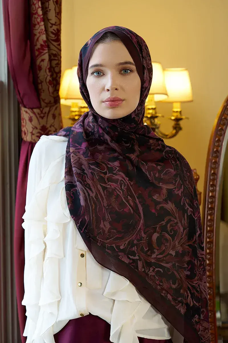 Pamuk İpek Floş Grace Şal - Mürdüm - ED SCARF