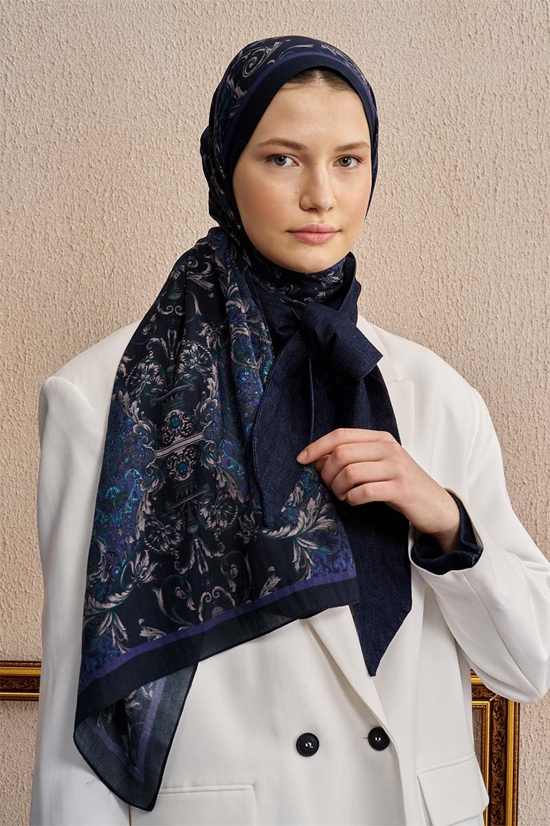 Pamuk İpek Ophelis Şal - Lacivert - 1