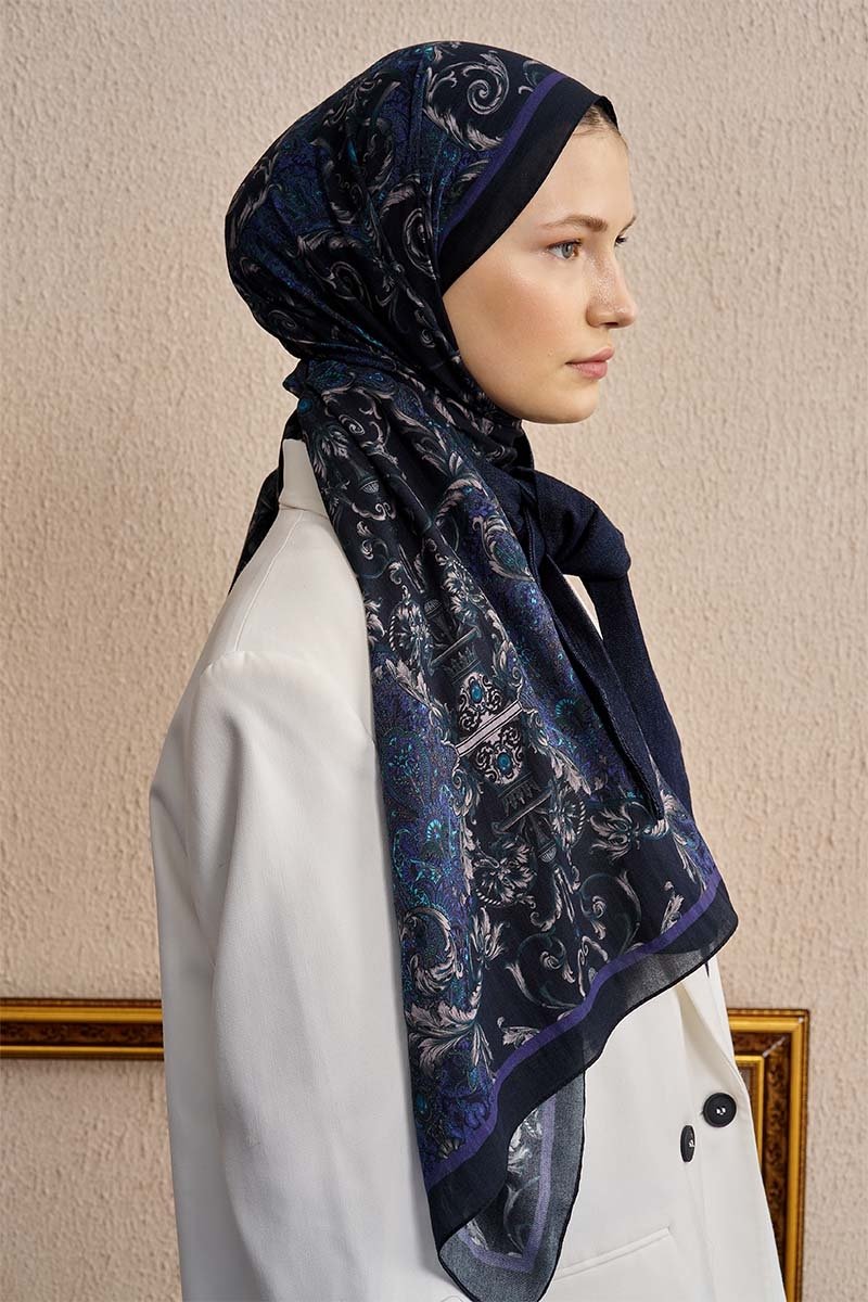 Pamuk İpek Ophelis Şal - Lacivert - 2