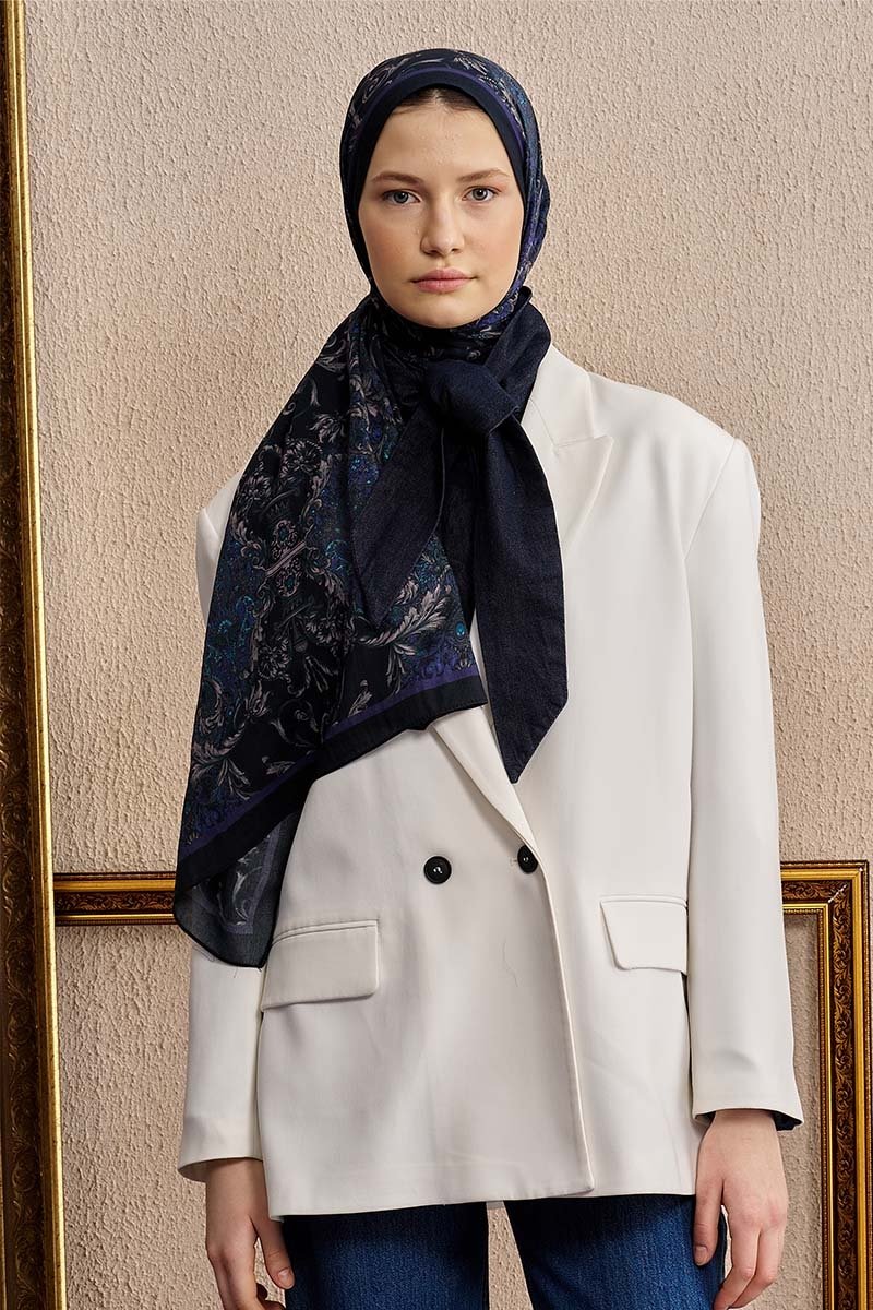 Pamuk İpek Ophelis Şal - Lacivert - 3