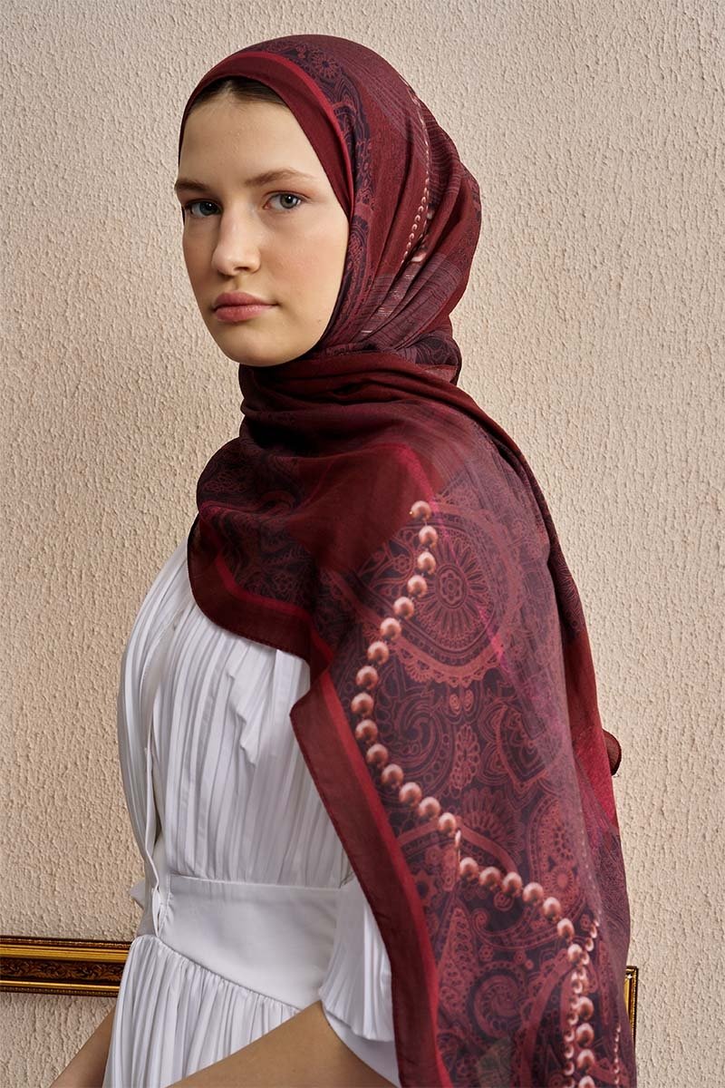 Pamuk İpek Pearl Şal - Kırmızı - 1
