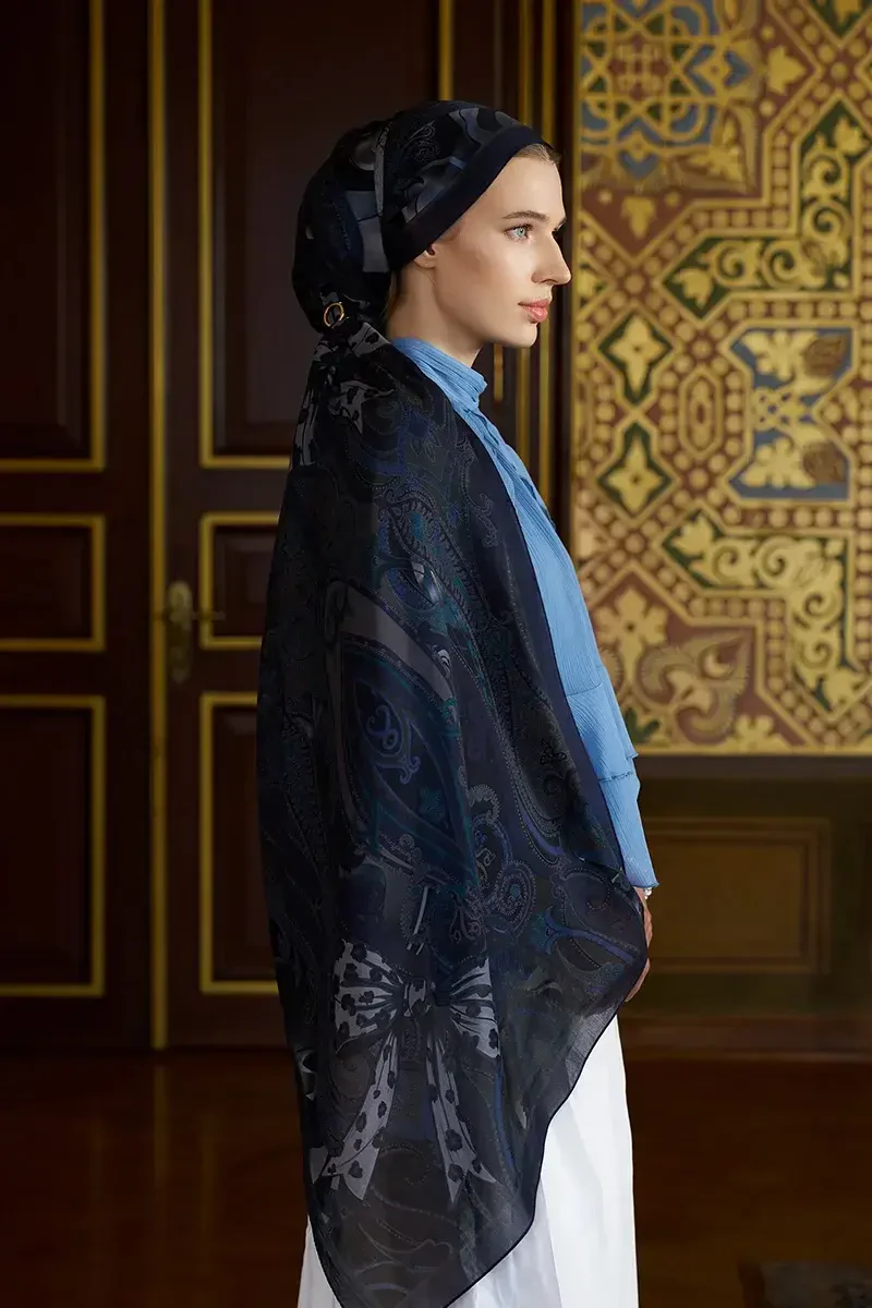 Pamuk İpek Floş Vespera Şal - Lacivert - ED SCARF