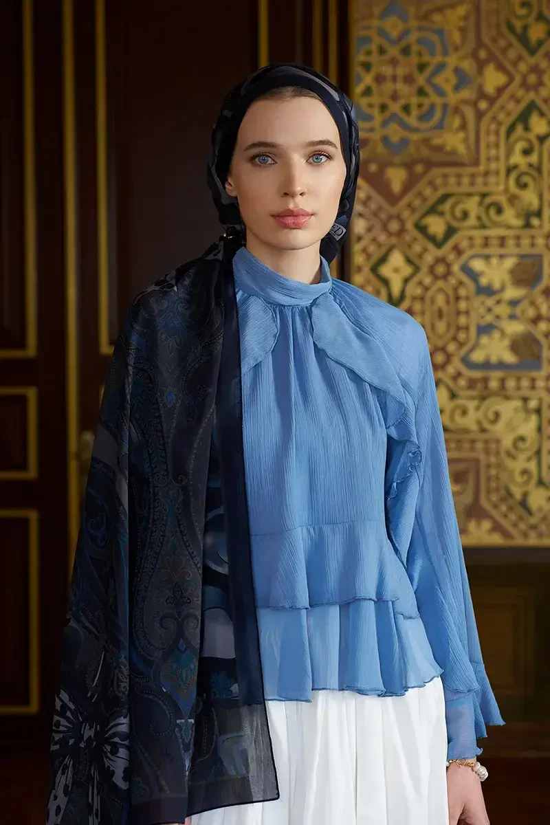 Pamuk İpek Floş Vespera Şal - Lacivert - ED SCARF