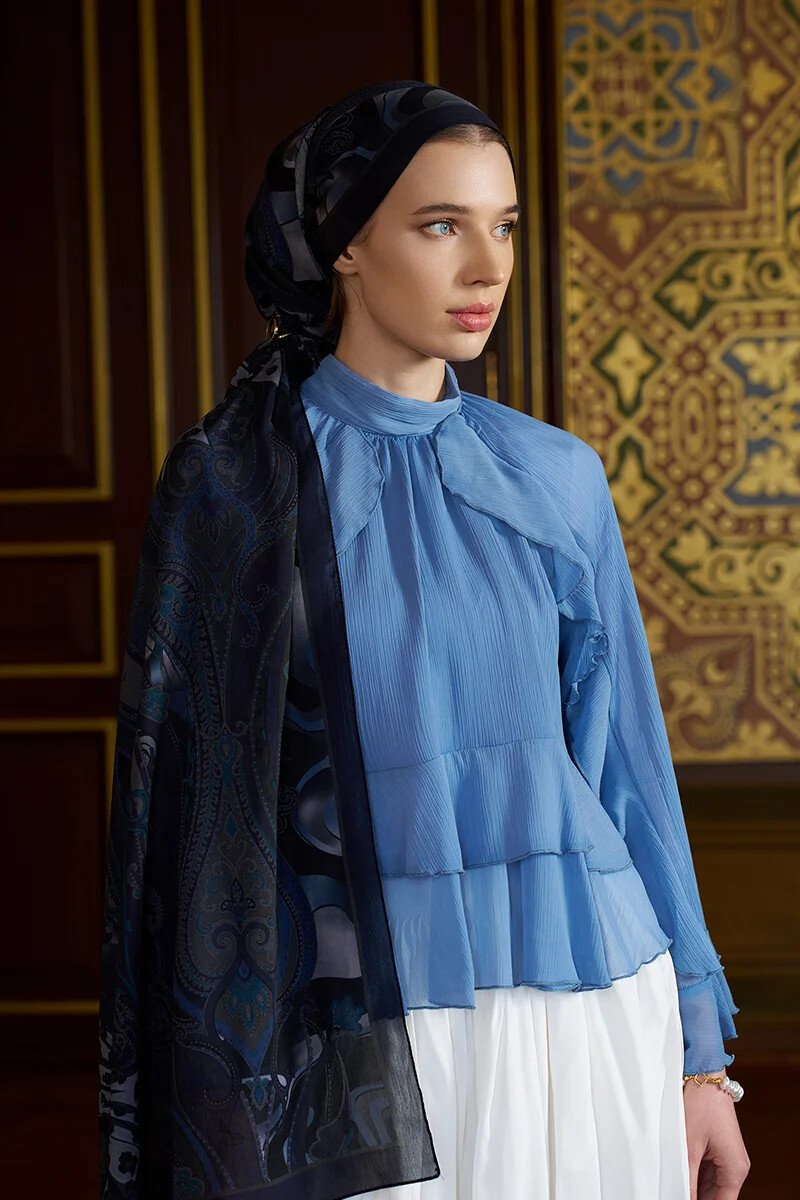 Pamuk İpek Floş Vespera Şal - Lacivert - ED SCARF