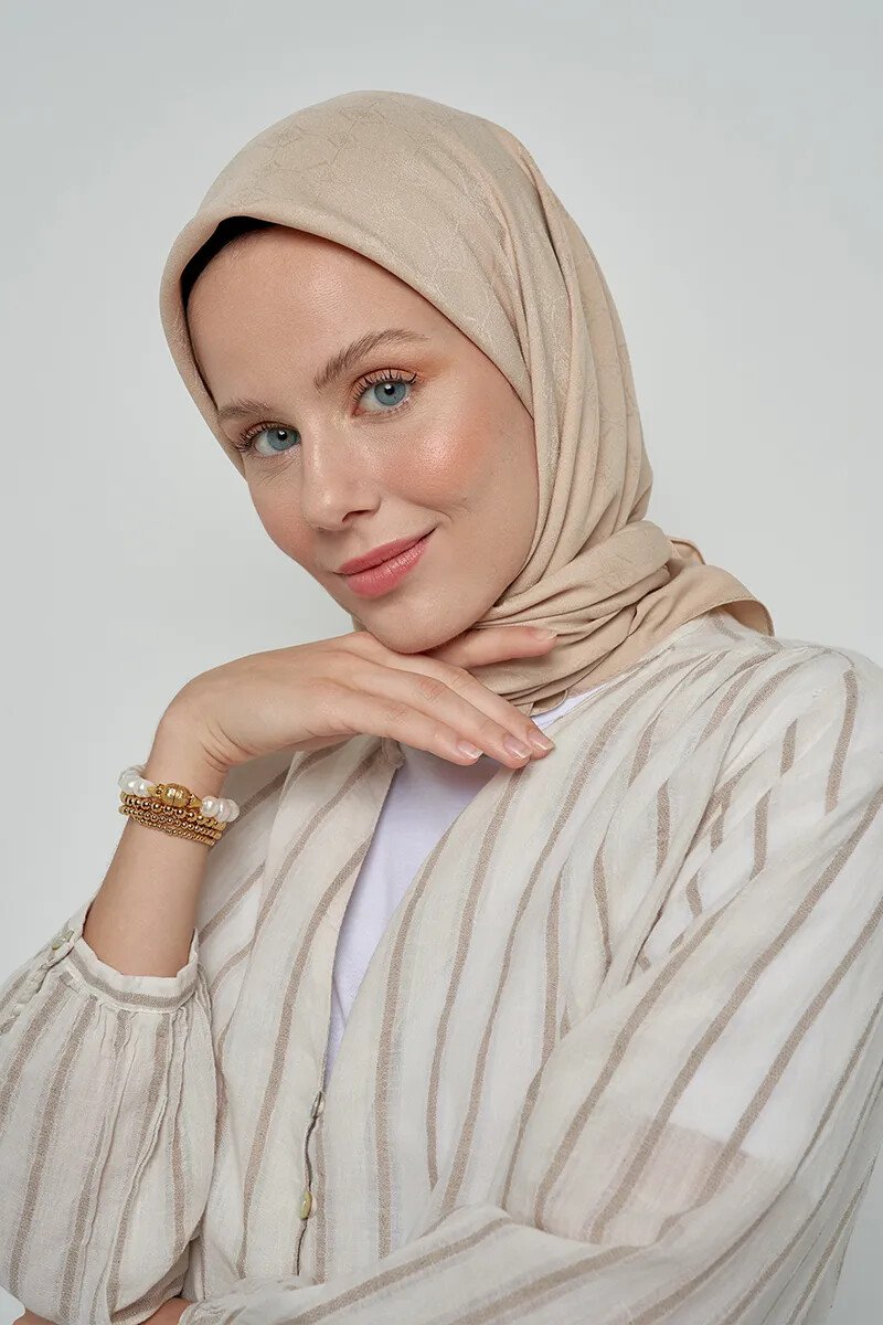 Pamuklu Eşarp Monogram Desen - Bej - ED Scarf