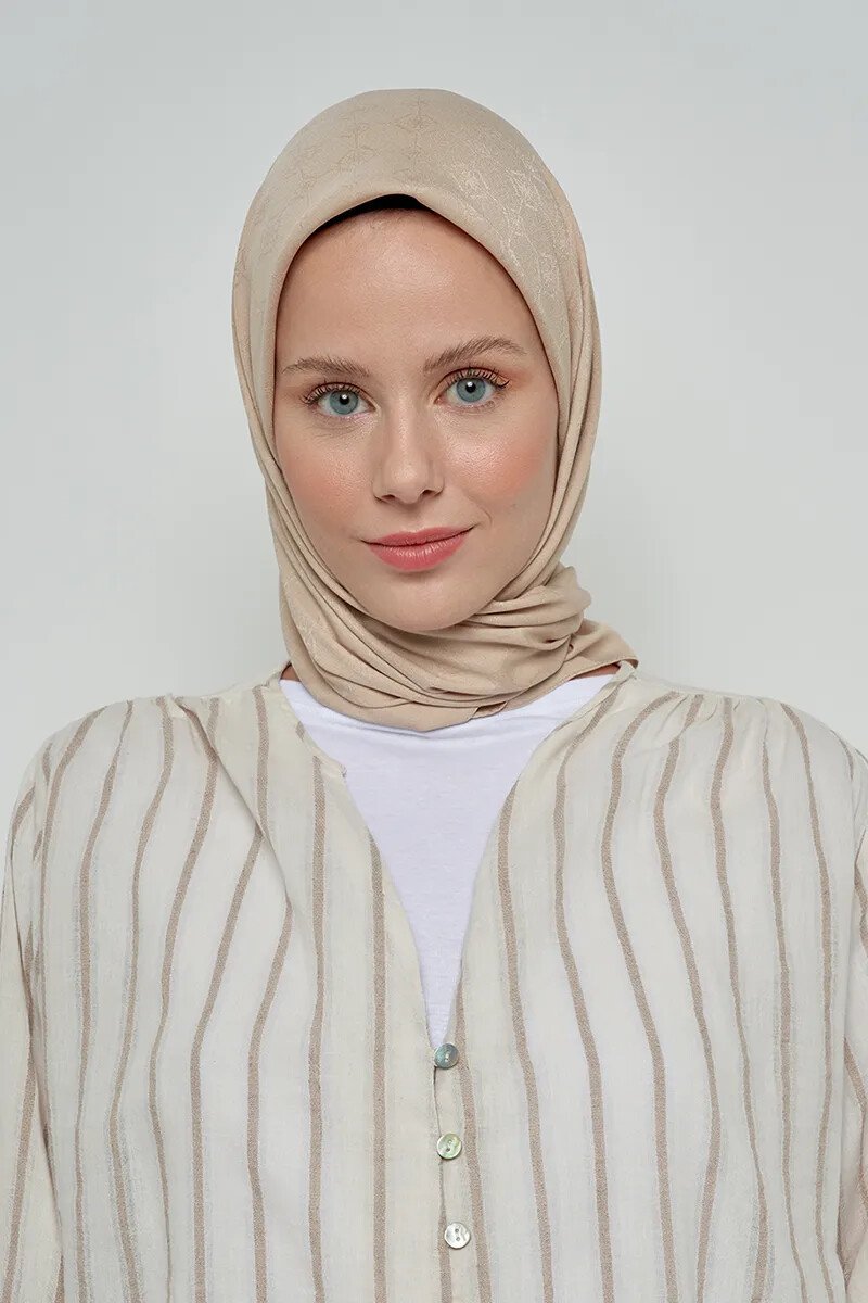 Pamuklu Eşarp Monogram Desen - Bej - ED Scarf