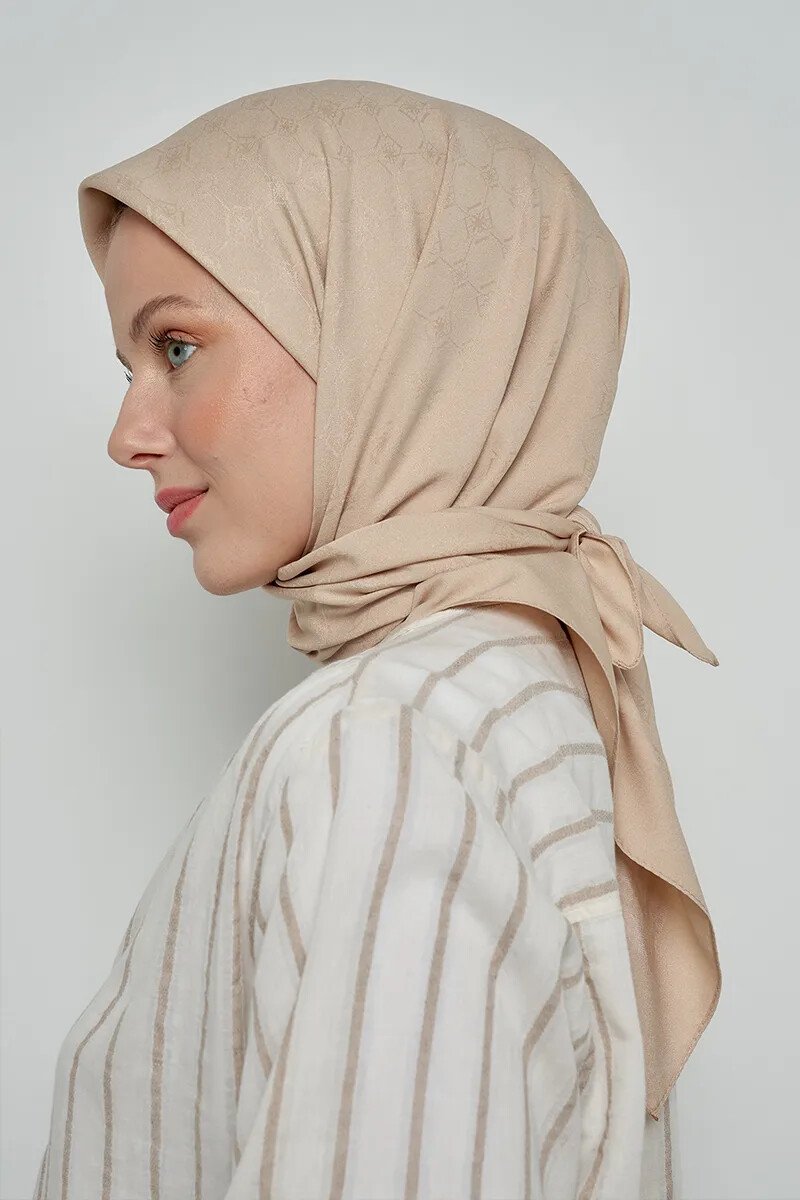 Pamuklu Eşarp Monogram Desen - Bej - ED Scarf