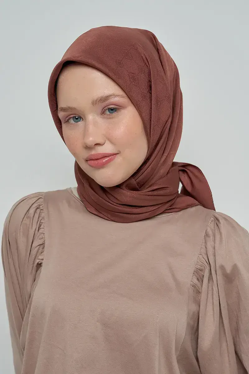 Pamuklu Eşarp Monogram Desen - Kahverengi - ED Scarf