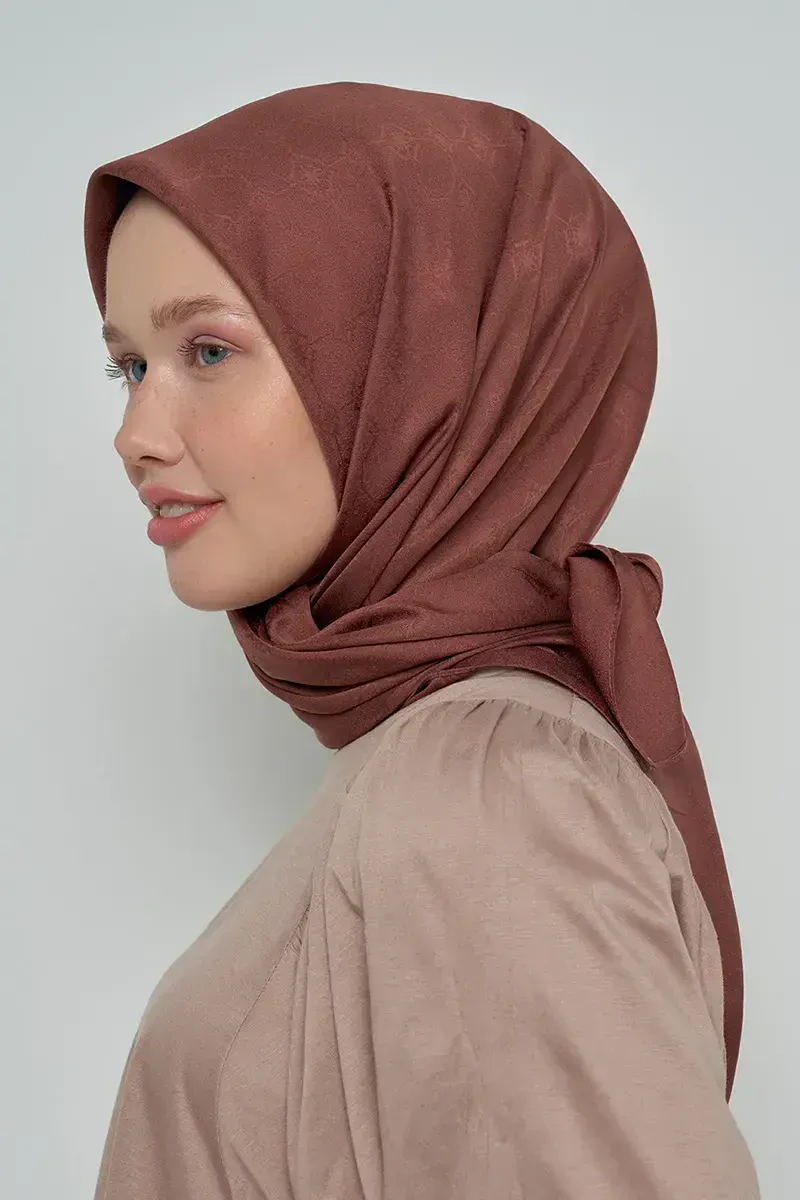 Pamuklu Eşarp Monogram Desen - Kahverengi - ED Scarf