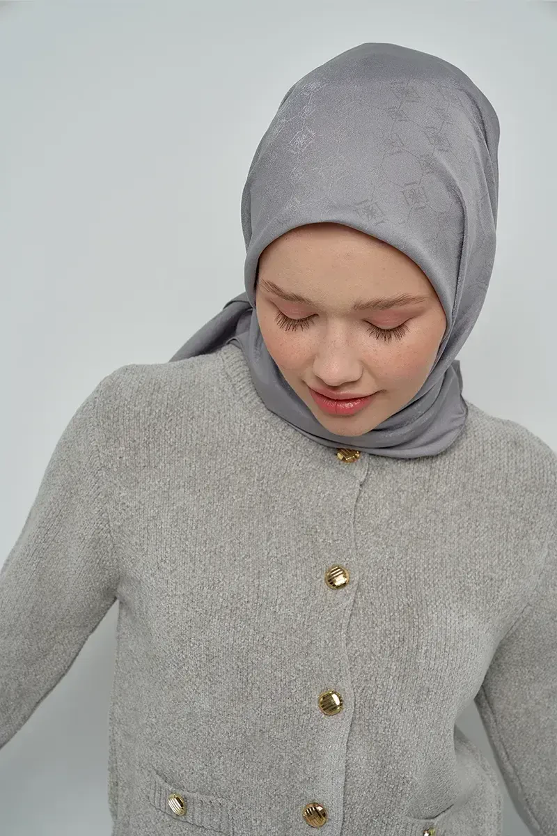 Pamuklu Eşarp Monogram Desen - Koyu Gri - ED Scarf