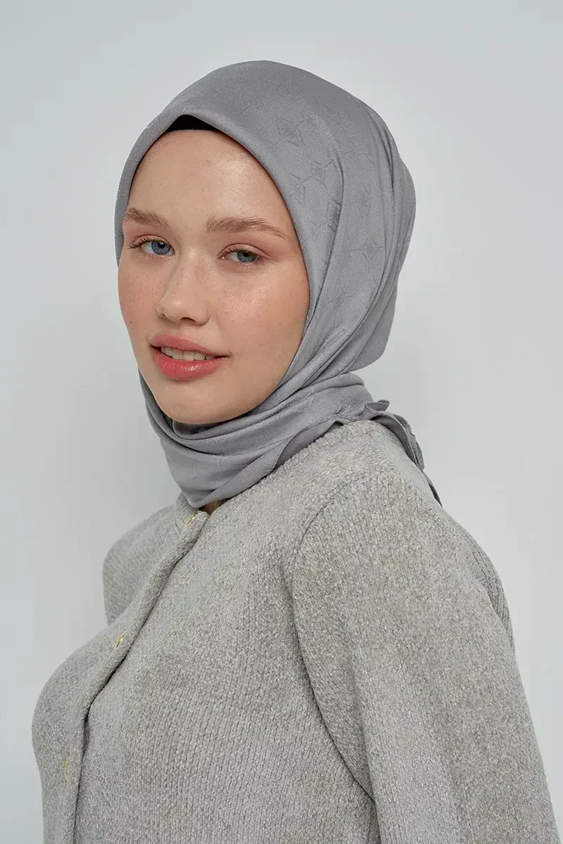 Pamuklu Eşarp Monogram Desen - Koyu Gri - ED Scarf