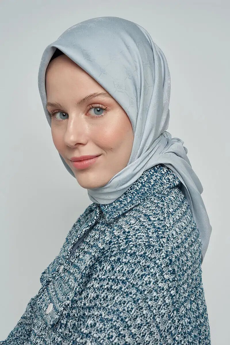 Pamuklu Eşarp Monogram Desen - Mavi Gri - ED Scarf