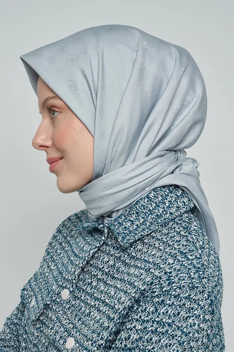 Pamuklu Eşarp Monogram Desen - Mavi Gri - ED Scarf