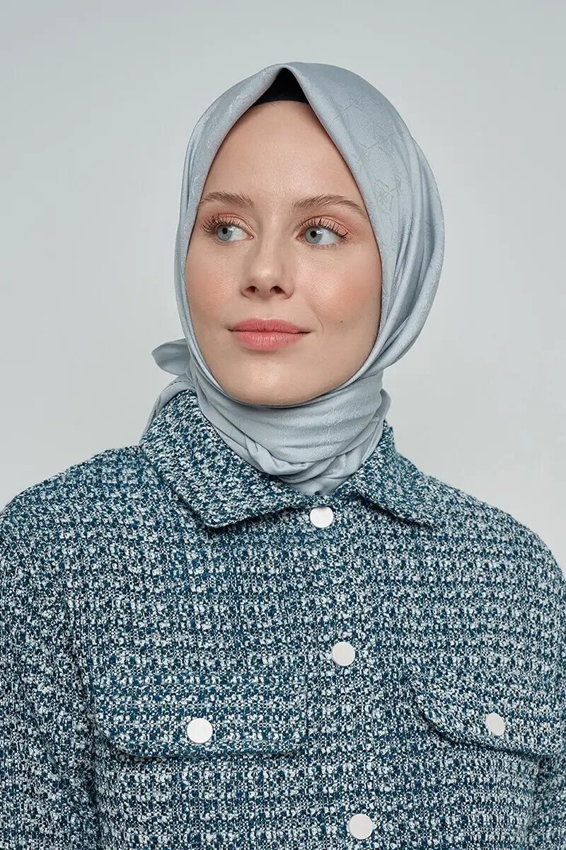 Pamuklu Eşarp Monogram Desen - Mavi Gri - ED Scarf