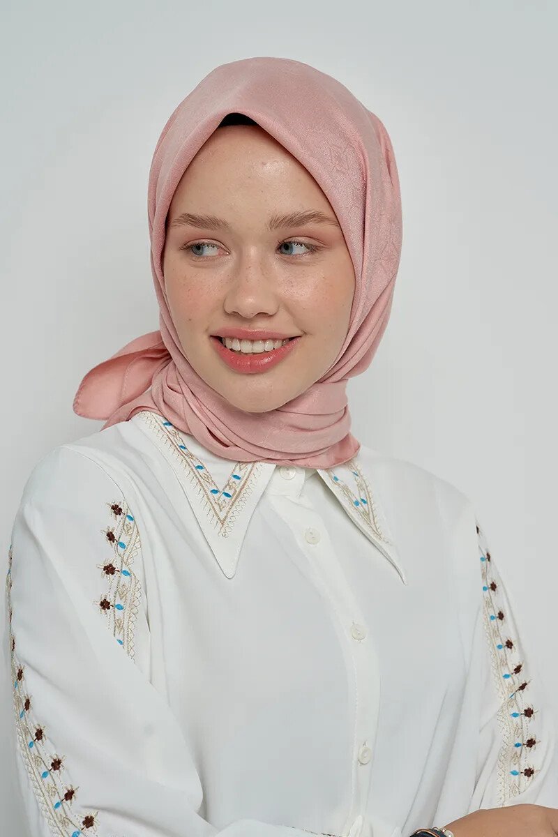 Pamuklu Eşarp Monogram Desen - Pembe - ED Scarf