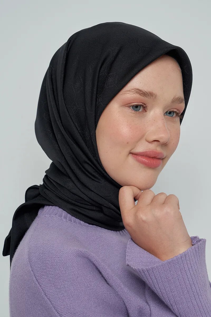 Pamuklu Eşarp Monogram Desen - Siyah - ED Scarf