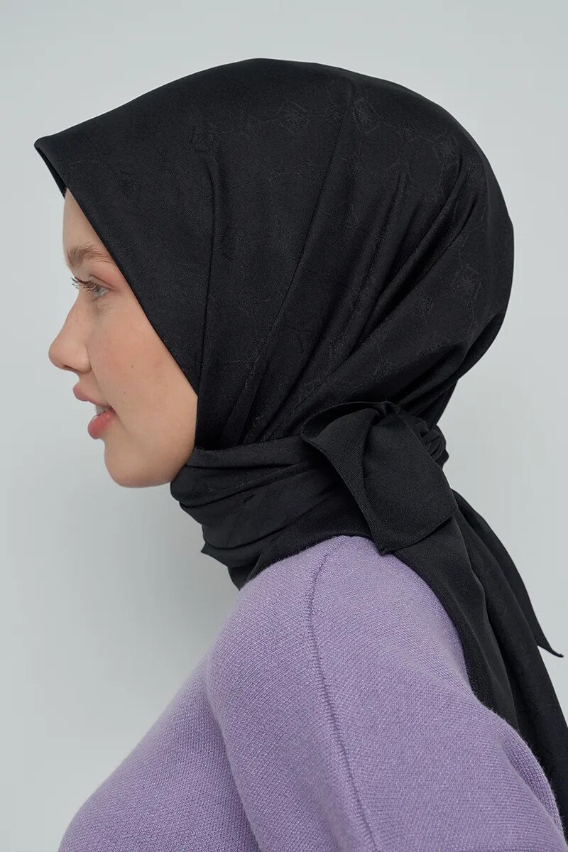 Pamuklu Eşarp Monogram Desen - Siyah - ED Scarf