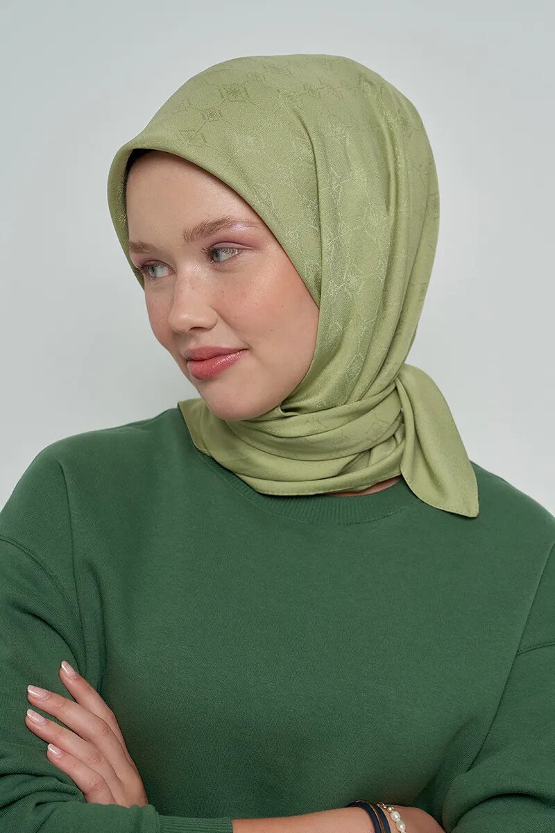 Pamuklu Eşarp Monogram Desen - Yeşil - ED Scarf