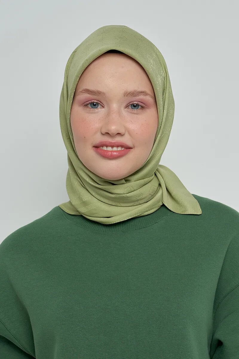 Pamuklu Eşarp Monogram Desen - Yeşil - ED Scarf