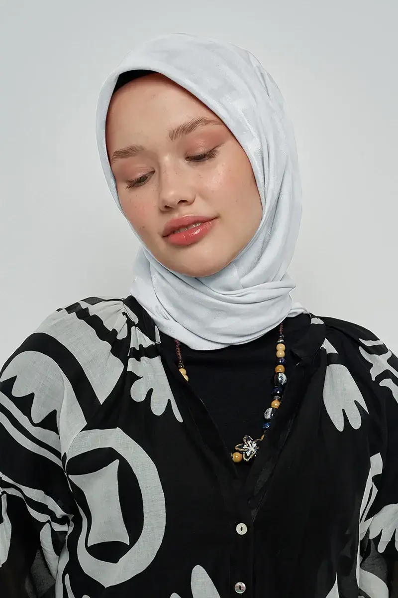 Pamuklu Eşarp Zikzak Desen - Gümüş - ED SCARF