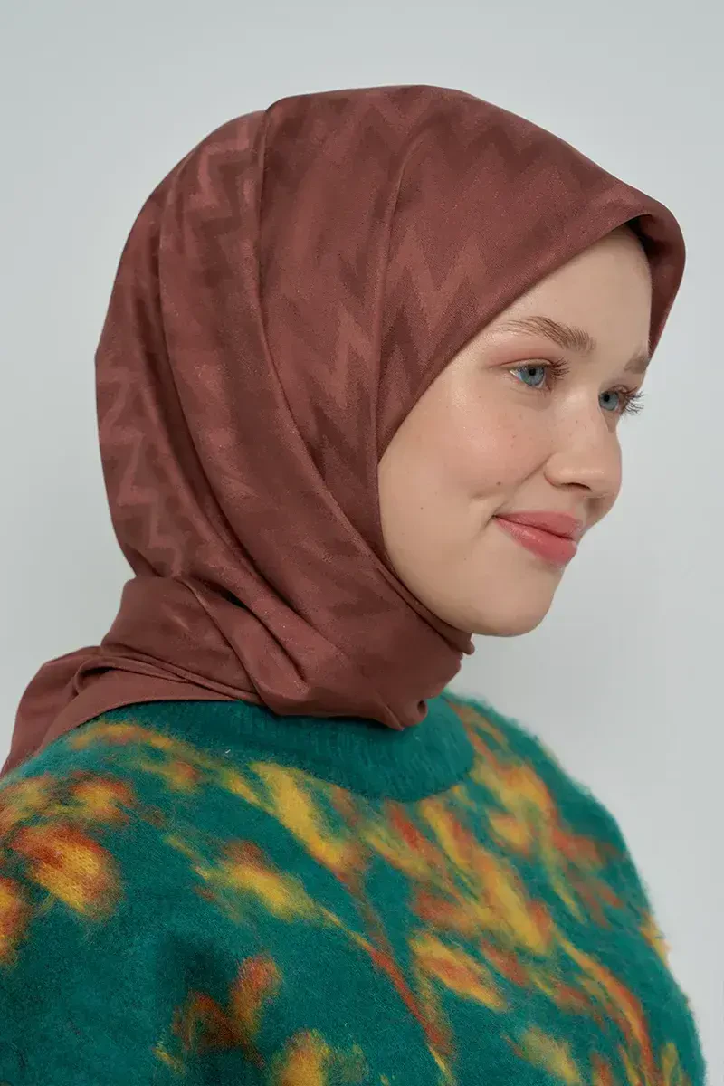 Pamuklu Eşarp Zikzak Desen - Kahverengi - ED SCARF