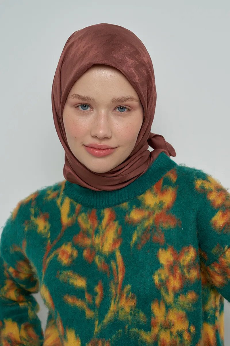 Pamuklu Eşarp Zikzak Desen - Kahverengi - ED SCARF