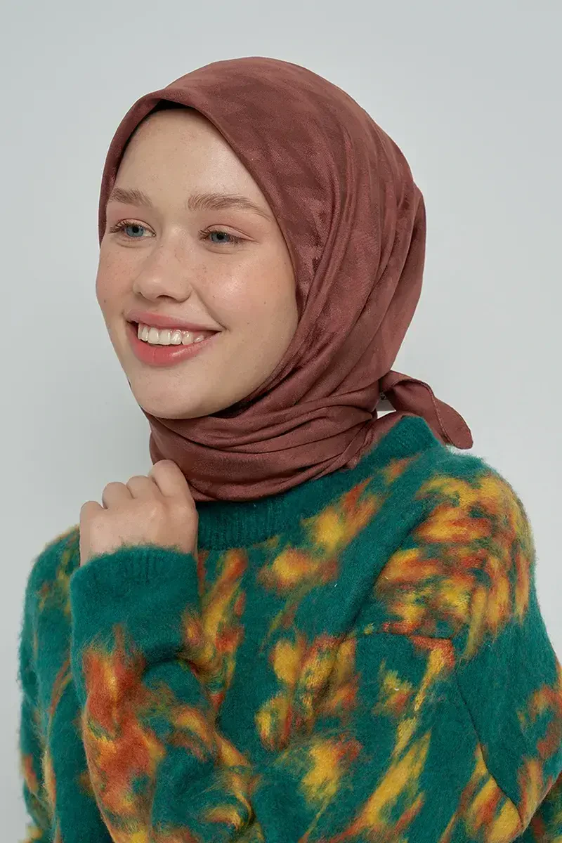 Pamuklu Eşarp Zikzak Desen - Kahverengi - ED SCARF