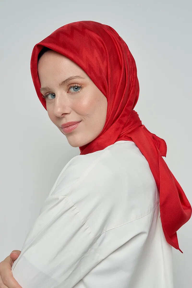 Pamuklu Eşarp Zikzak Desen - Kırmızı - 1