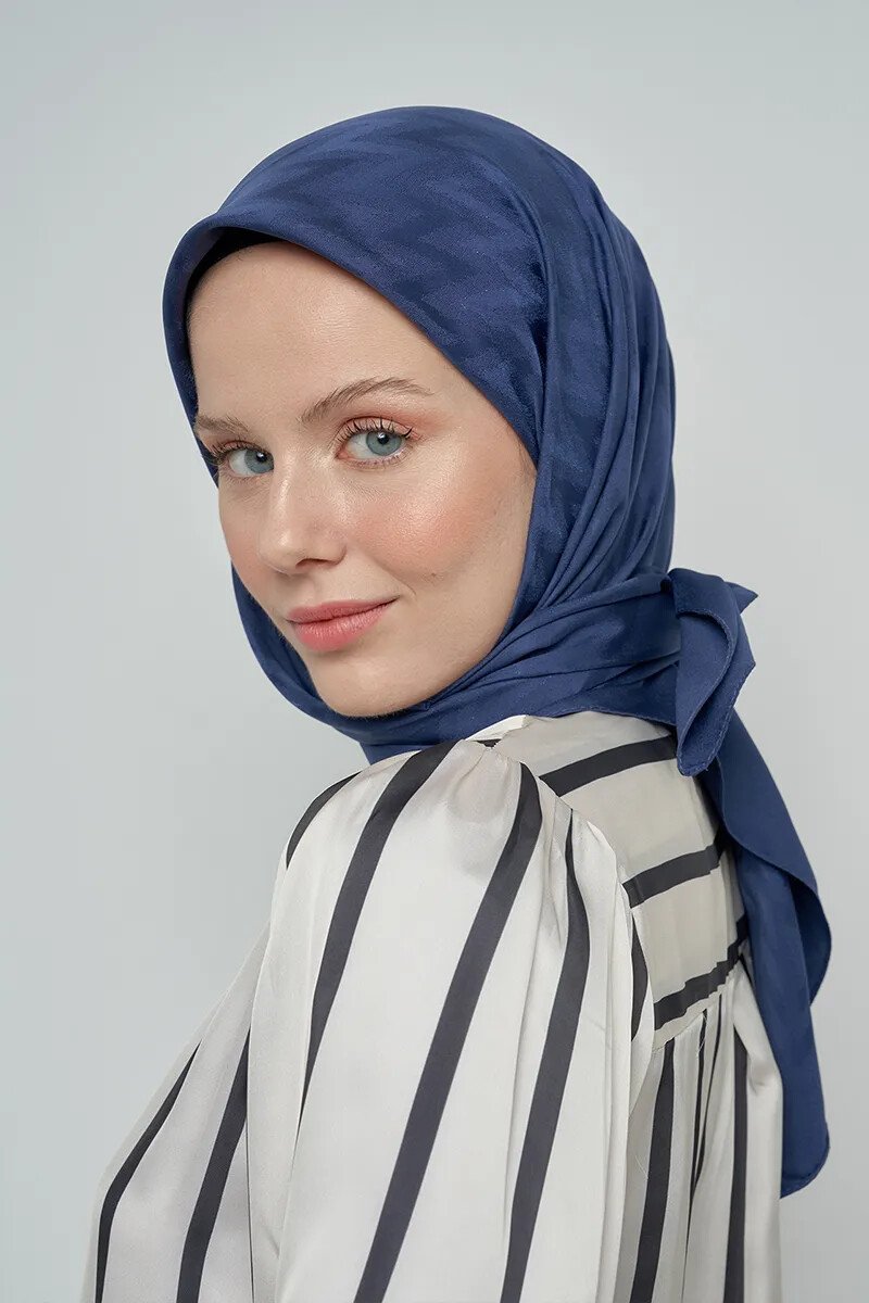 Pamuklu Eşarp Zikzak Desen - Lacivert - ED SCARF