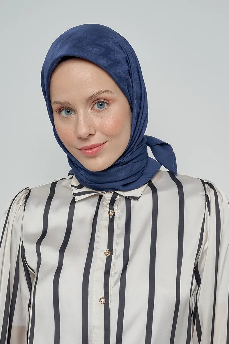 Pamuklu Eşarp Zikzak Desen - Lacivert - ED SCARF