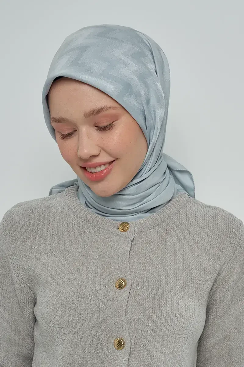 Pamuklu Eşarp Zikzak Desen - Mavi Gri - ED SCARF