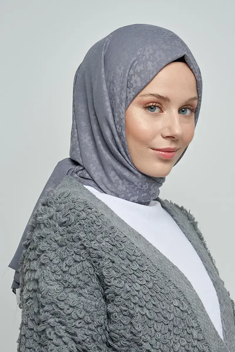 Pamuklu Şal Çiçek Desen - Füme - 1
