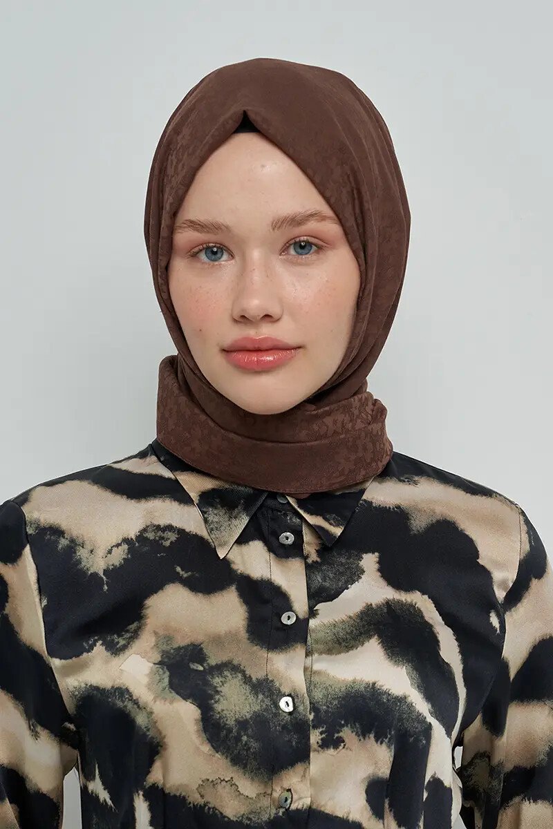 Pamuklu Şal Çiçek Desen - Kahverengi - ED Scarf