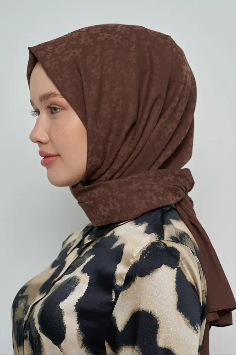 Pamuklu Şal Çiçek Desen - Kahverengi - ED Scarf