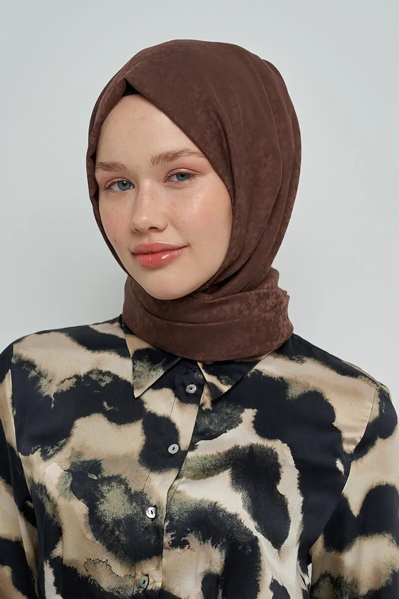 Pamuklu Şal Çiçek Desen - Kahverengi - ED Scarf