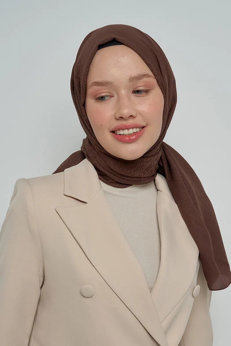 Pamuklu Şal Çizgi Desen - Kahverengi - ED Scarf