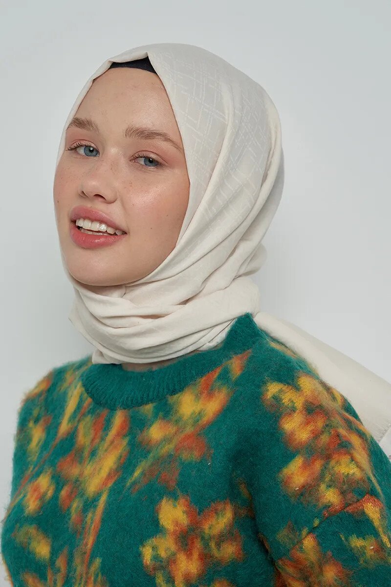 Pamuklu Şal Çizgi Desen - Kırık Beyaz - ED Scarf