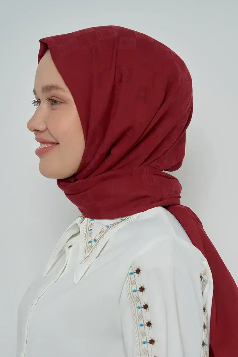 Pamuklu Şal Monogram Desen - Bordo - 3
