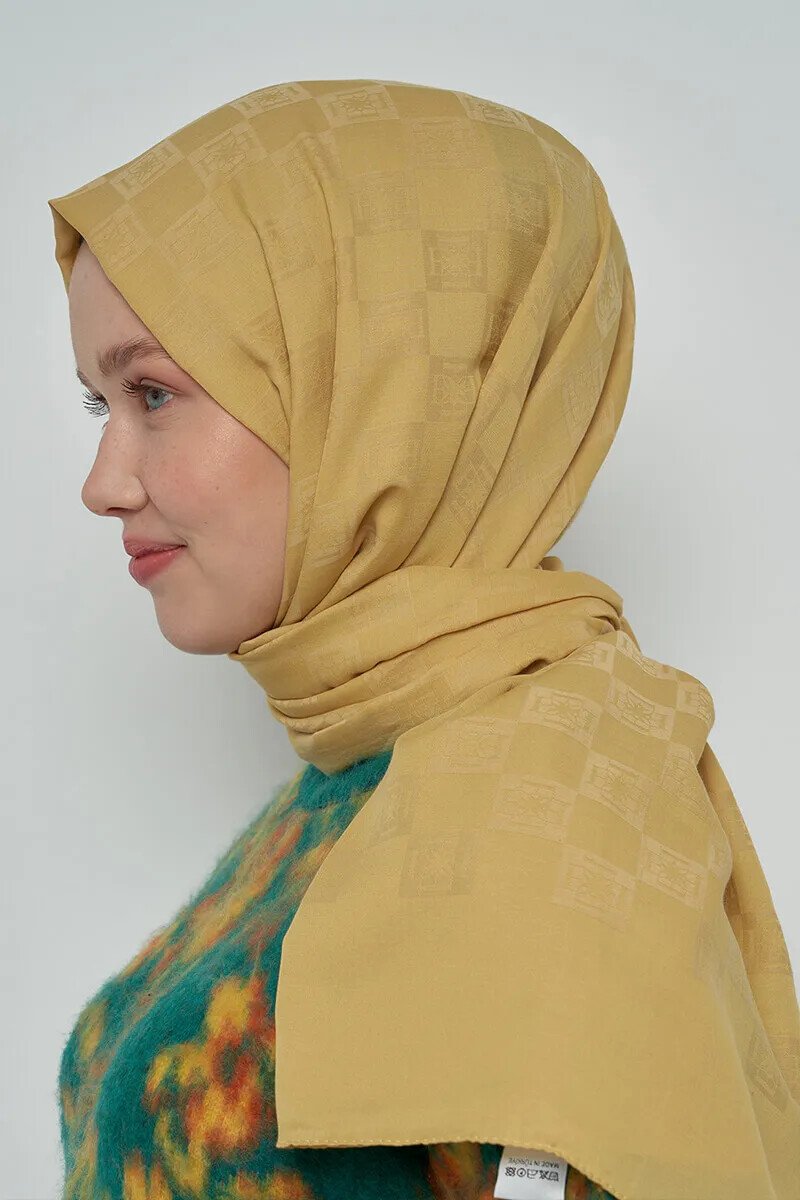 Pamuklu Şal Monogram Desen - Hardal - ED Scarf