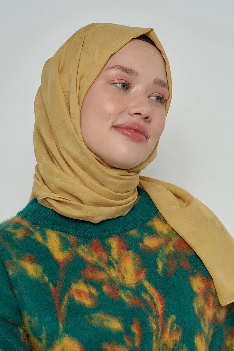 Pamuklu Şal Monogram Desen - Hardal - ED Scarf