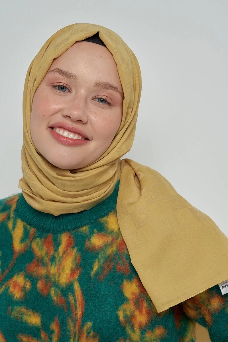 Pamuklu Şal Monogram Desen - Hardal - ED Scarf