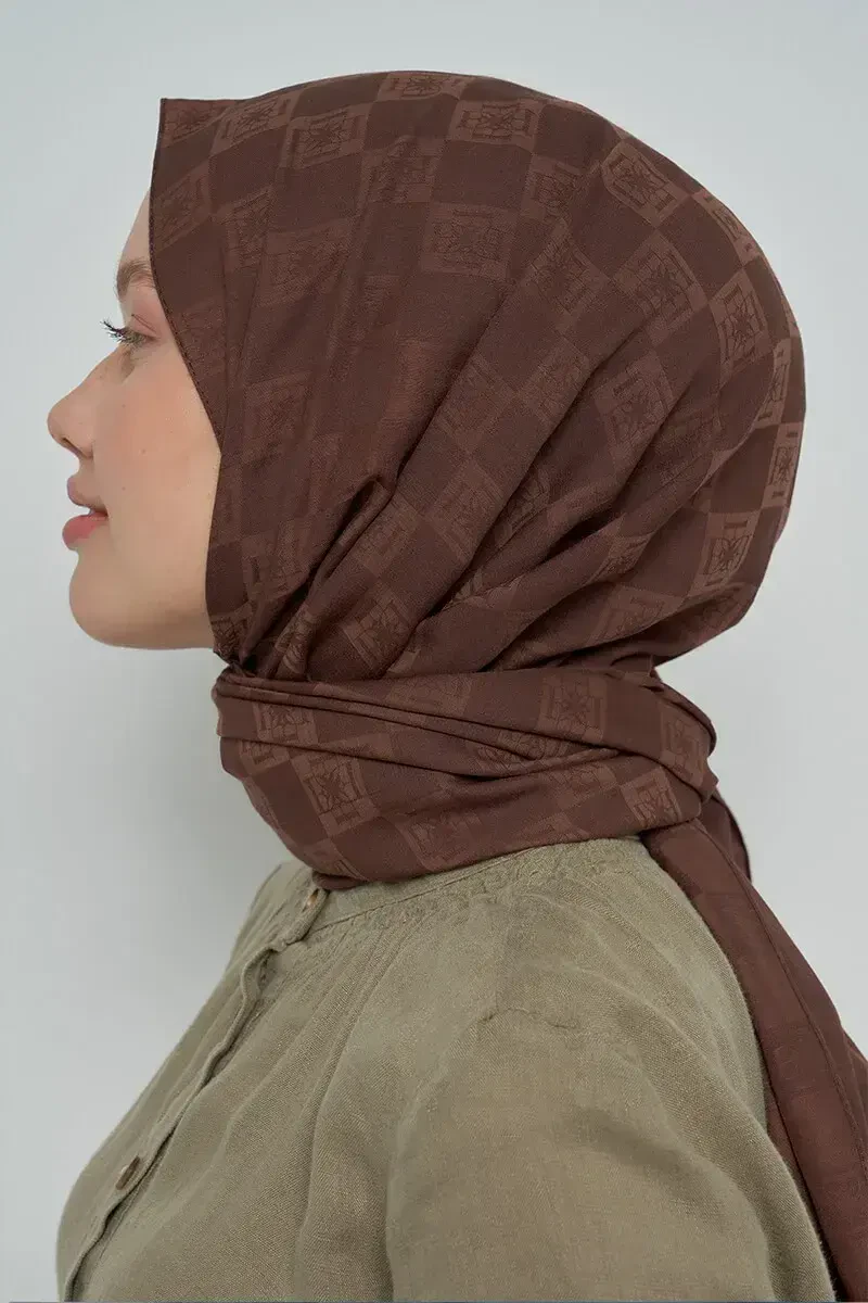 Pamuklu Şal Monogram Desen - Kahve - ED Scarf