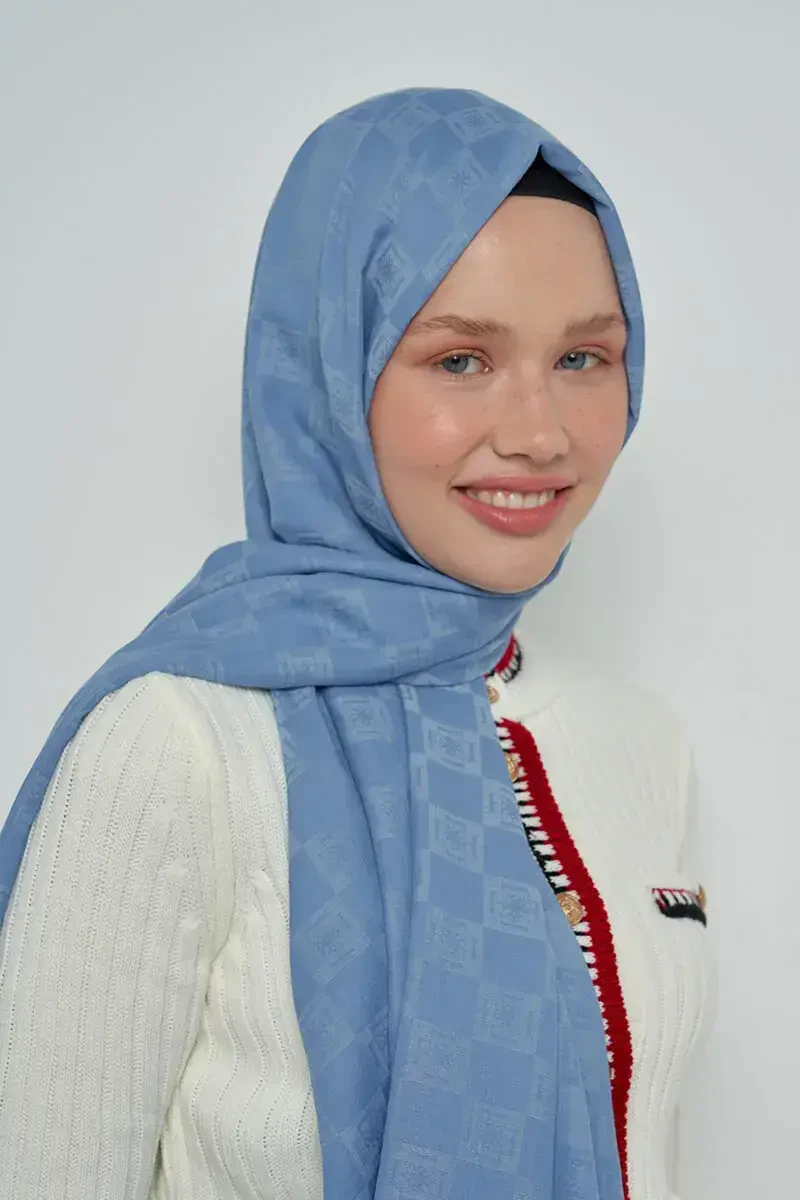 Pamuklu Şal Monogram Desen - Mavi - ED Scarf